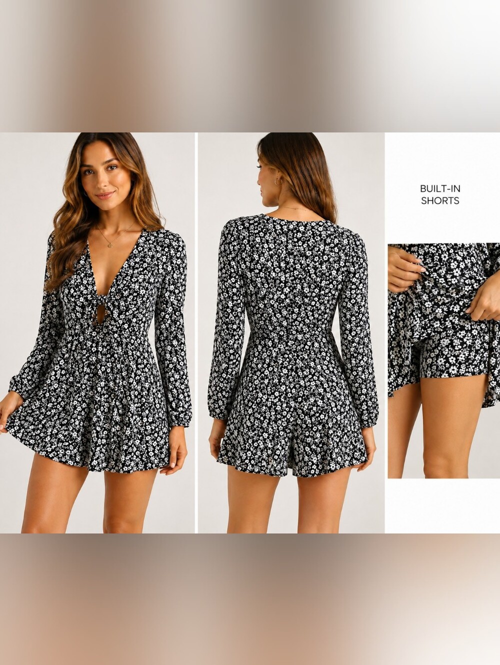 White Birch Black & White Floral Long-Sleeve Romper Dress